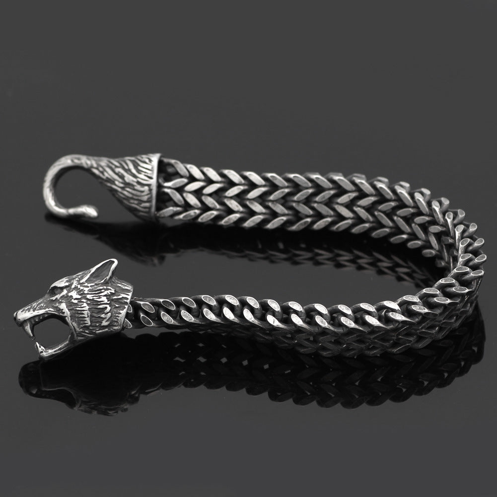 Bracelet Men Stainless Steel Vintage Black Wolf Head Cuban Chain Hand Wristband Male Fashion Jewelry Wholesale Accessories Gifts