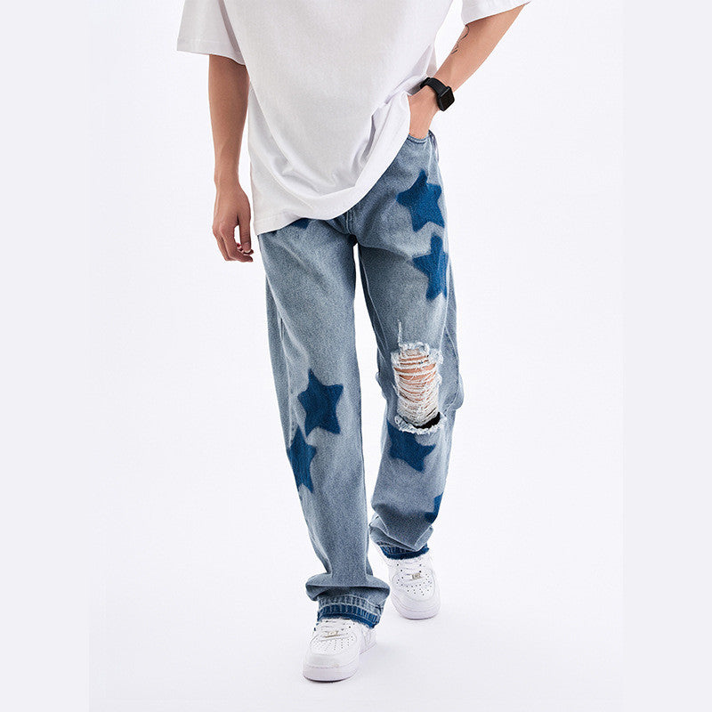 Straight Hole Washed Denim Pants