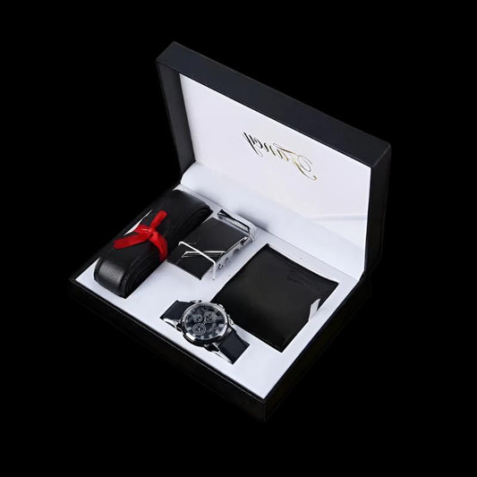 Men's leather automatic buckle belt watch gift set