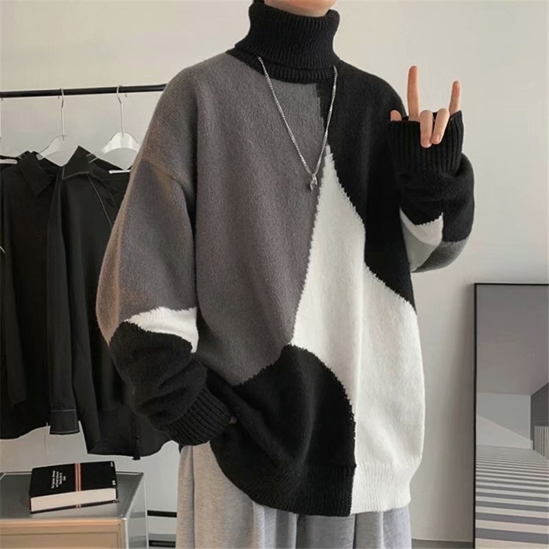 Contrasting Color High-neck Pullover