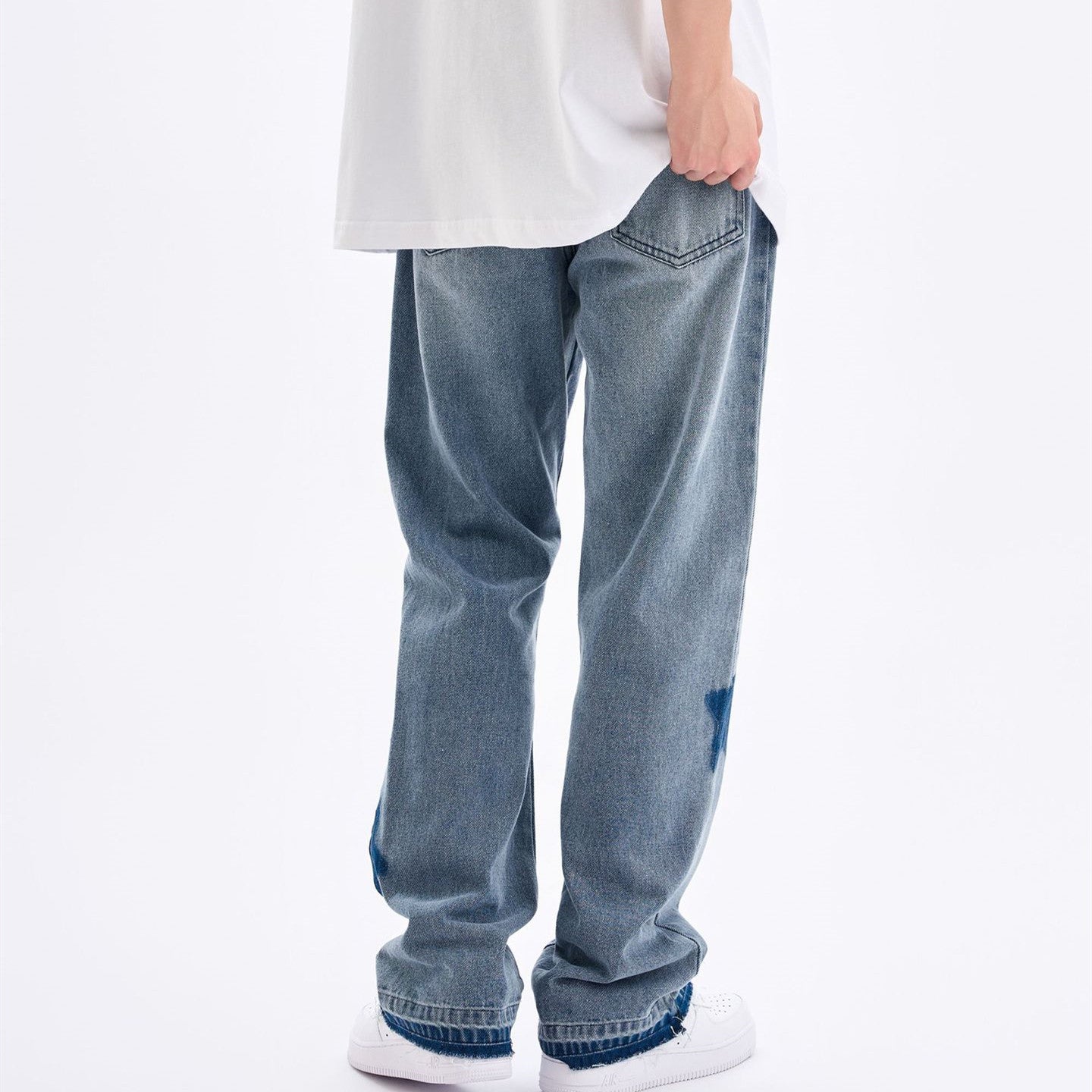 Straight Hole Washed Denim Pants