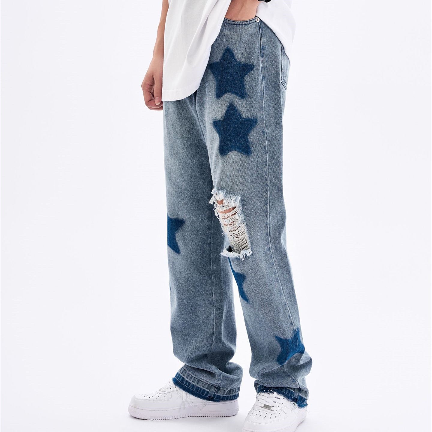 Straight Hole Washed Denim Pants